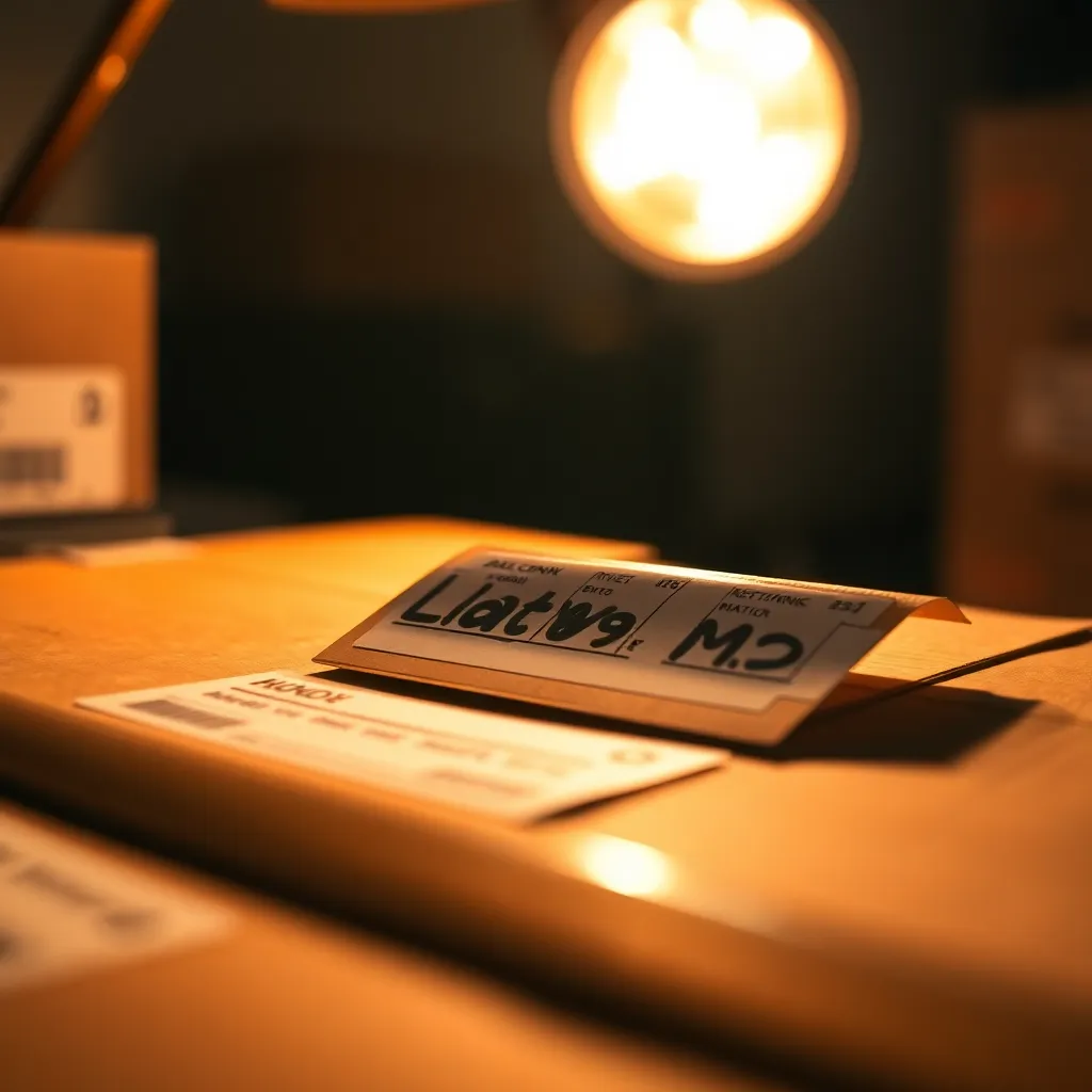 An intimate close-up of shipping labels and packing materials illuminated by a warm tungsten lamp. The image highlights the fine details of the labels and the textures of the brown paper, creating a tactile experience through the lens. The warm color palette invites warmth and reliability, essential in shipping logistics. This scene captures the personal touch in the shipping process, where every label tells a story.
