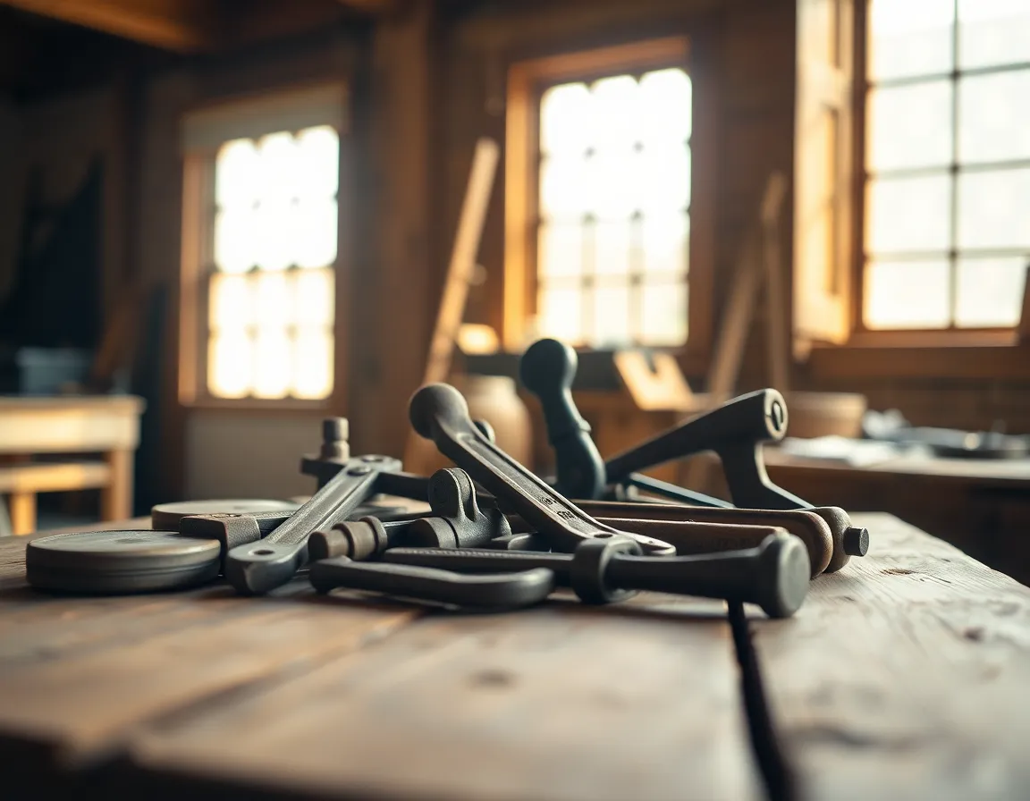 This captivating still life image features an arrangement of shipping tools on a rustic wooden table, illuminated by warm sunlight filtering through a window. The interplay of light and shadow enhances the textures of the metallic and wooden surfaces, creating a cozy industrial vibe. A shallow depth of field draws attention to the intricacies of the tools while blurring the background, adding dimensionality. The earthy color palette reflects the rugged nature of the shipping industry, making this image a warm and inviting portrayal of industrial craftsmanship.