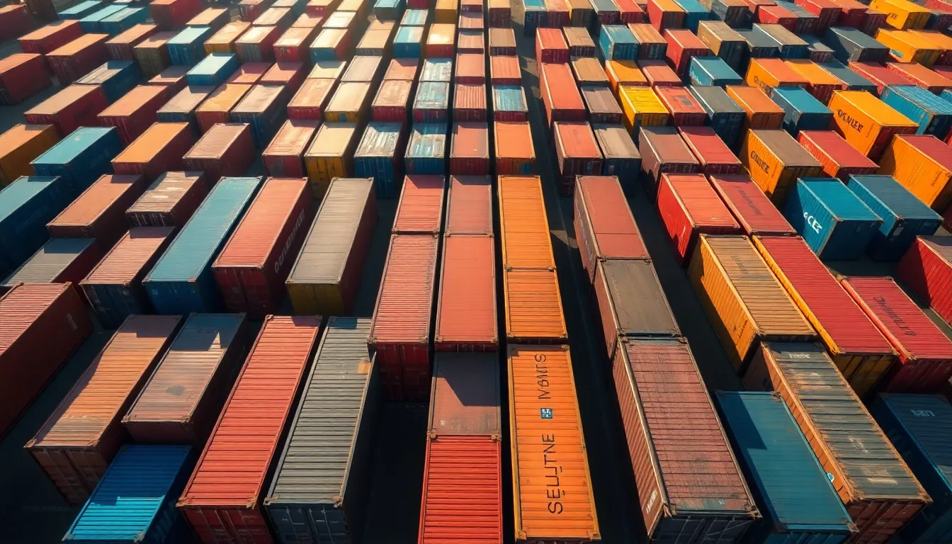 This striking aerial view captures the vibrant arrangement of shipping containers in a busy terminal, showcasing the geometric grid pattern formed by red, blue, and yellow containers. Bright midday sunlight bathes the scene, highlighting the details and casting defined shadows. The deep depth of field keeps the entire terminal in sharp focus, drawing attention to the layers of bustling industrial activity. Visible textures of the containers add depth and character, reflecting their usage in global trade.