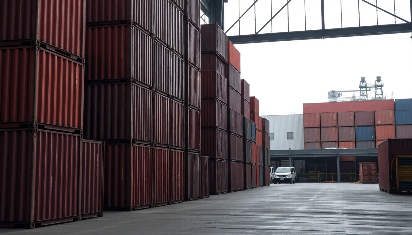 This image presents an expansive view inside a large shipping warehouse, filled with neatly stacked containers under soft overcast lighting. The muted earthy tones evoke the raw, industrial setting, while the leading lines formed by the container stacks draw the viewer’s eye deeper into the scene. The hyperfocal depth ensures clarity throughout, allowing both foreground and background elements to be appreciated, showcasing the organized chaos of shipping operations.