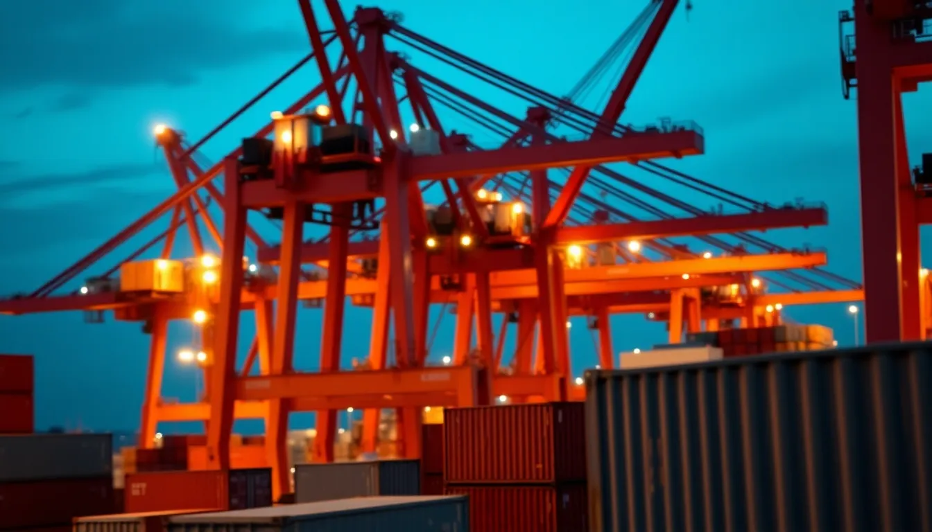 This image captures the dynamic energy of a bustling port during twilight, featuring cranes in motion against a backdrop of cool blues and warm lights. The cinematic color grading enhances the contrast between the twilight sky and the illuminated machinery. A Dutch angle adds a sense of movement and excitement, while details of the shipping containers and machinery textures highlight the industrial spirit. This scene perfectly encapsulates the lively atmosphere of shipping operations.