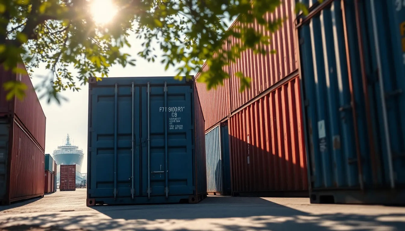 This vibrant image captures a scene of shipping containers bathed in dappled sunlight. The contrasting deep blues and rusty reds create a dynamic color palette, while the shallow depth of field draws focus to the textured surfaces of the containers. The leading lines guide the viewer's eye towards the distant vessel, implying a busy shipping environment. This composition emphasizes both the industrial aspect and the beauty of natural light.
