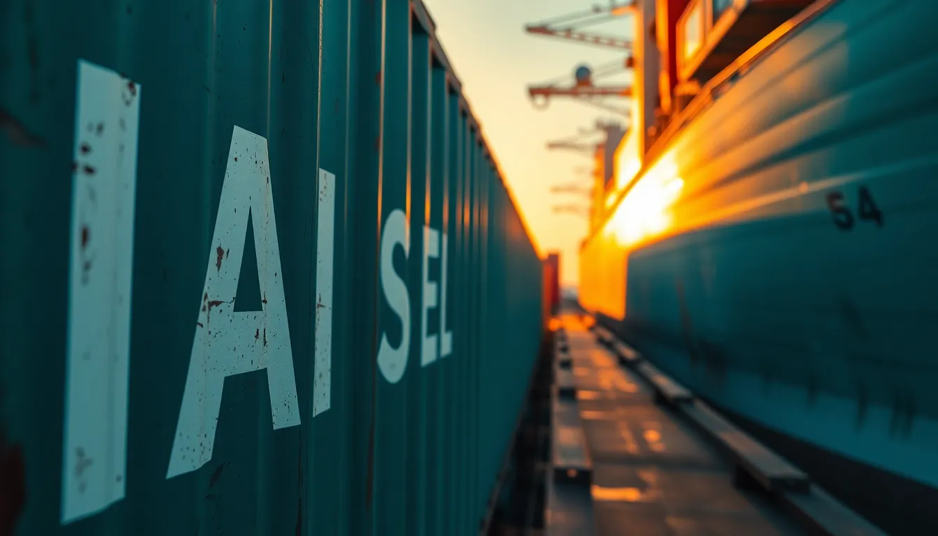 A stunning photograph of a cargo ship docked at sunset, showcasing a multitude of containers stacked high. The golden hour light casts dramatic shadows, highlighting the texture of the weathered metal and painted letters. The image employs a shallow depth of field focusing on one container, while the vast expanse of the ship creates a compelling visual balance. The cinematic color grading adds depth, making the scene rich and atmospheric.