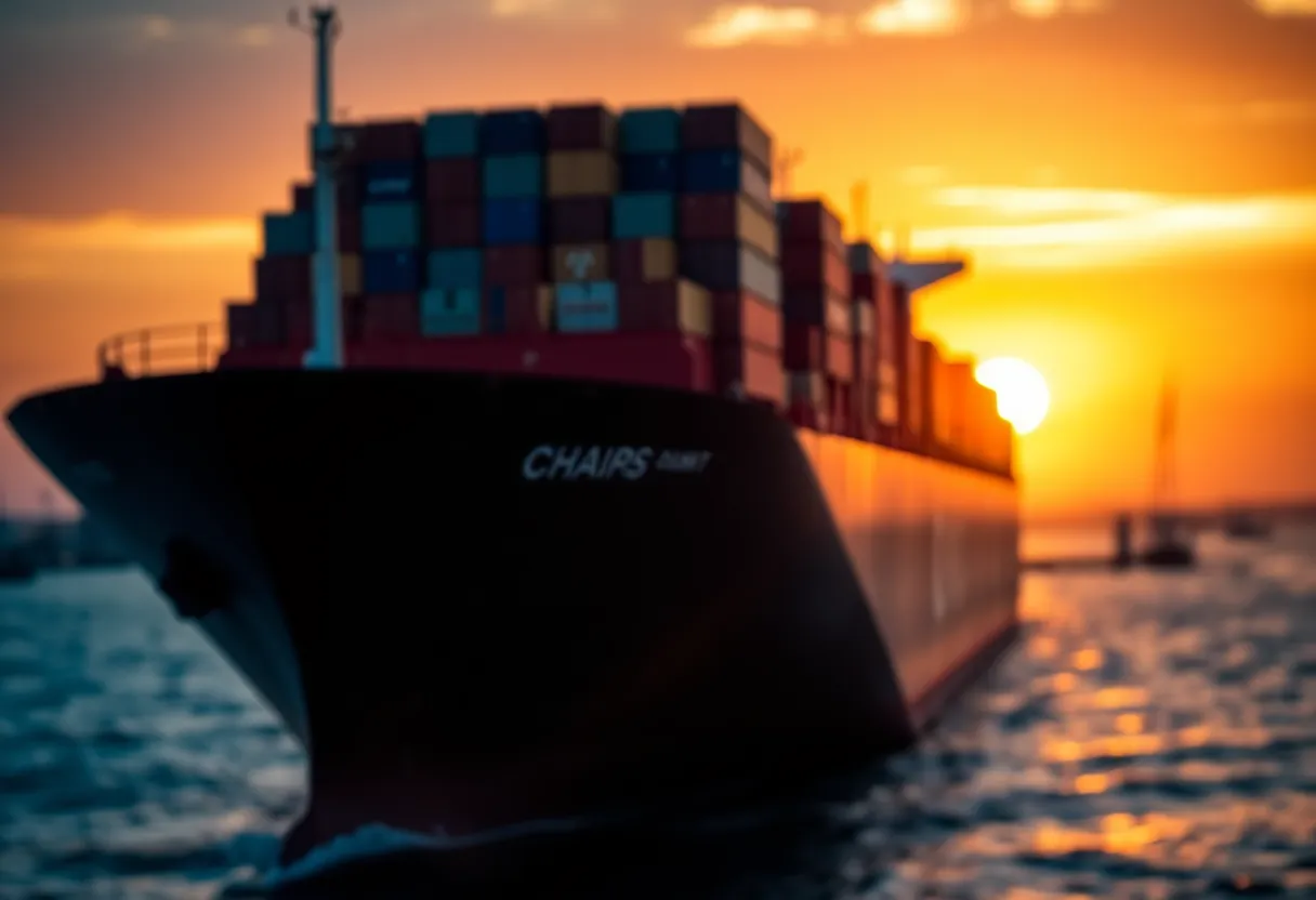 A majestic cargo ship is silhouetted against a stunning sunset, with warm golden rays illuminating its name in sharp focus. The vessel's deep blue hull contrasts beautifully with the fiery orange and pink hues of the sky, creating a dramatic visual. This image captures the essence of shipping operations, blending industrial elements with nature's beauty. The warm rim light adds dimension, while soft bokeh in the background enhances the peaceful ambiance of the evening.