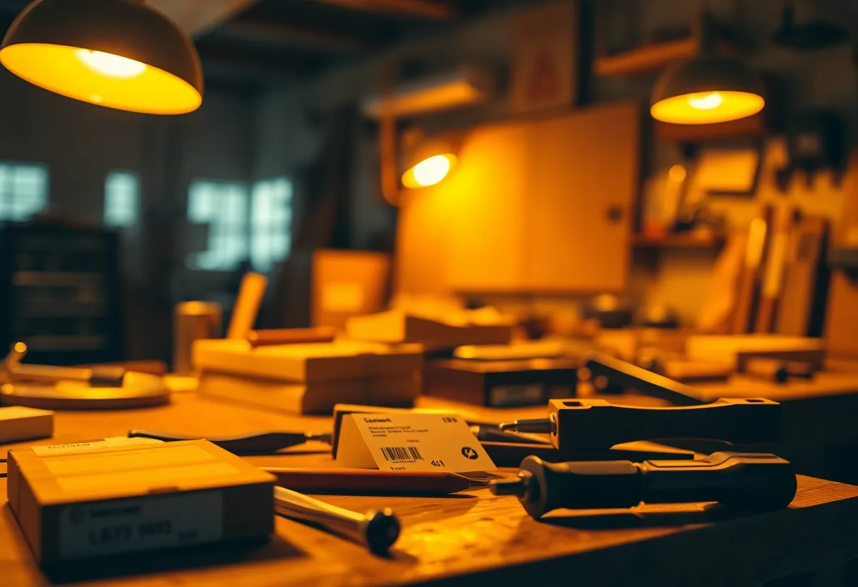 This intimate close-up captures the essence of a shipping workspace, filled with tools and labels. Warm tungsten lighting creates inviting pockets of light, which beautifully highlights the intricate details of the shipping labels. The textures of the wood surface and metal tools add depth, while the background softly fades into bokeh, keeping the viewer's attention on the foreground. Rich yellow and orange hues evoke a sense of warmth in this industrious setting.