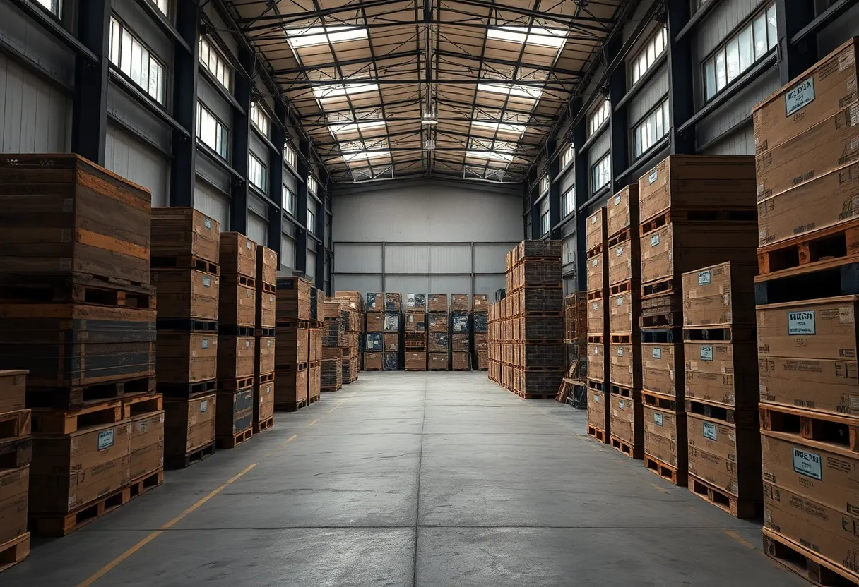 Inside a bustling shipping warehouse, rows of colorful crates are arranged symmetrically along the loading dock. The overcast light provides a soft, even illumination that highlights the textures of the wooden crates and concrete walls. Workers can be seen moving about, creating a lively industrial atmosphere. This image captures the essence of logistics and supply chain management.