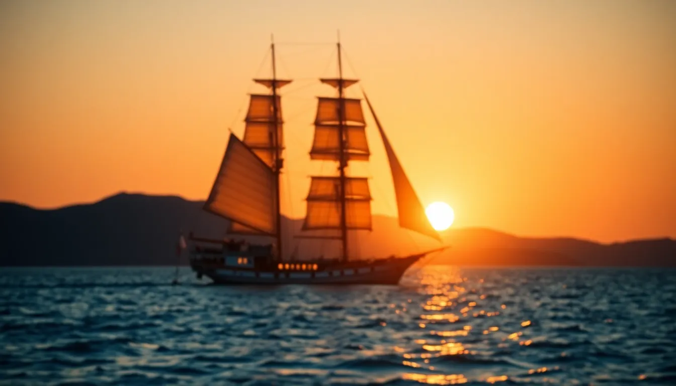 This stunning image captures a majestic sailing ship bathed in warm golden light during the golden hour. The calm waters reflect the vibrant colors of the sunset, enhancing the tranquility of the scene. The ship's sails billow gently in the breeze, showcasing meticulous craftsmanship against the soft textures of the water. This picturesque moment evokes a sense of adventure and freedom, inviting viewers to imagine their own journeys across the seas.