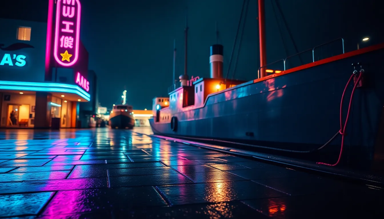 This captivating photograph captures the silhouette of a vintage ship moored against a backdrop of neon signage reflecting on wet pavement during a rainy evening. The selective focus draws attention to the ship's contours while the vibrant colors of the neon lights create an atmospheric contrast against the dark setting. The cinematic teal and orange grading enhances the drama, while the shiny metal surface adds a layer of texture with reflected raindrops. This image encapsulates the intersection of maritime history and urban life.