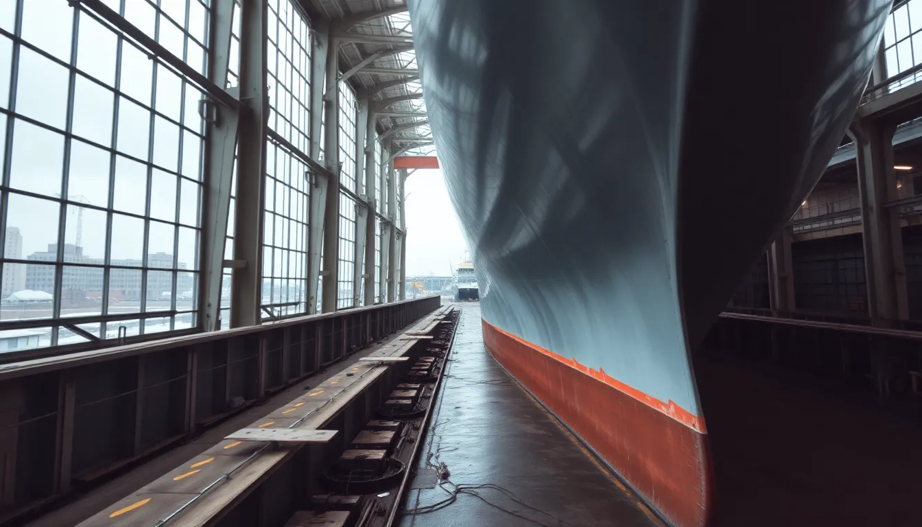 Inside a dry dock, a large ship awaits repairs under diffused daylight streaming through expansive windows. The polished steel hull reflects the cool light and urban environment, showcasing the intricate details of the vessel's structure. With a sharp focus from foreground to infinity, the image captures the essence of maritime engineering. The composition utilizes leading lines to guide the viewer's gaze toward the ship, emphasizing its grandeur and the importance of maintenance in its lifecycle.