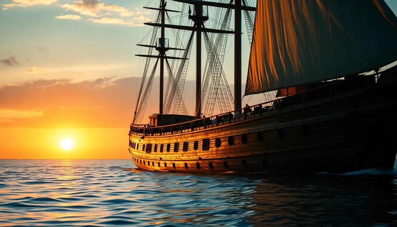 This stunning image captures a tall ship gracefully sailing during a vibrant sunset. The warm golden hues illuminate the sails, while the reflections on the calm water create a serene mood. With expertly blurred backgrounds, the focus is on the ship's detailed craftsmanship, emphasizing its weathered wood and elegant lines. The cinematic teal and orange grading adds a dramatic flair, making the entire scene visually captivating.