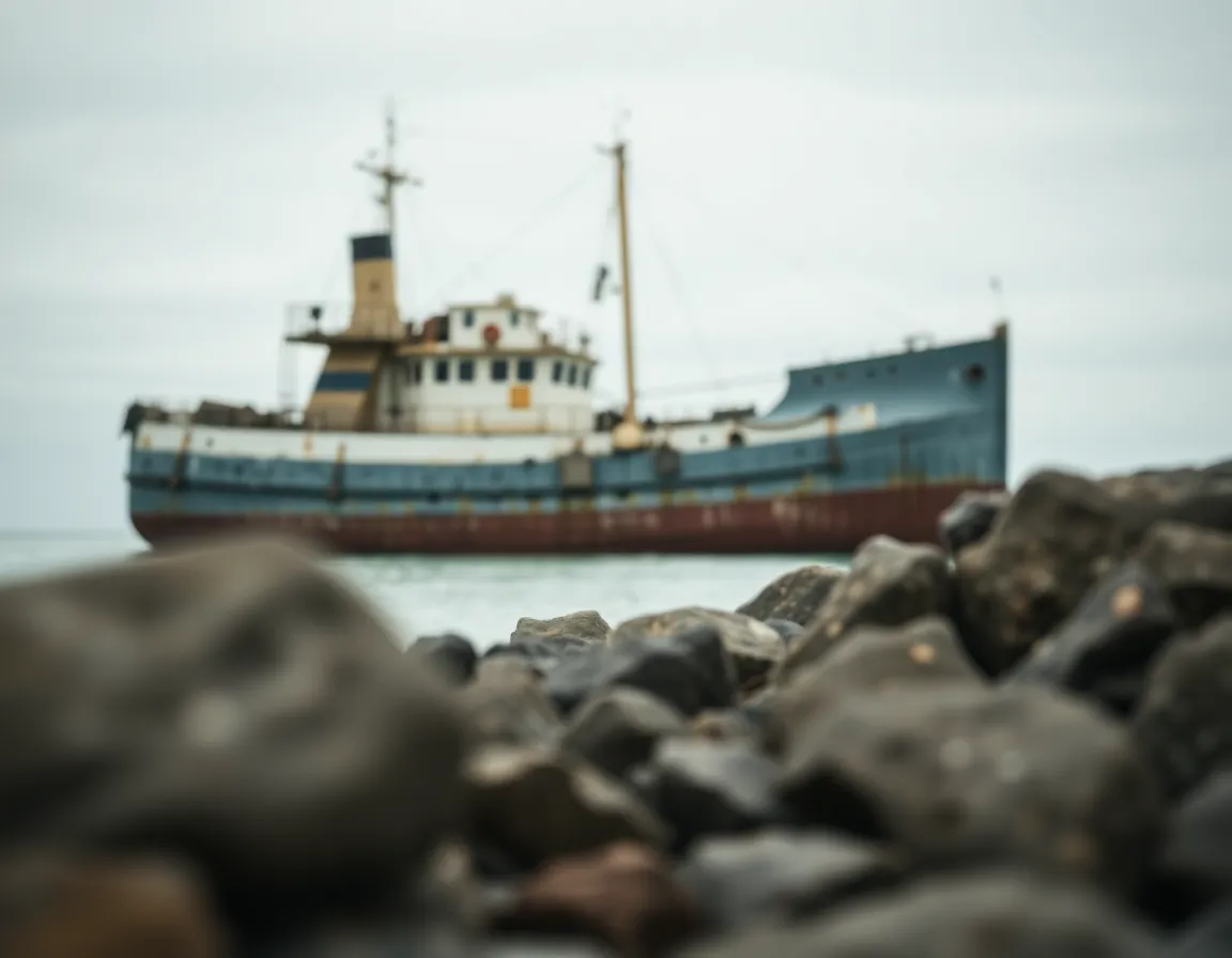 A captivating image of a weathered ship anchored in a quiet bay, captured in soft overcast light. The ship's hull, adorned with rust and barnacles, tells a story of years at sea. Framed by shoreline rocks in the foreground, the image draws viewers into the tranquil scene. The muted colors enhance the ship's rugged beauty and add a touch of nostalgia.