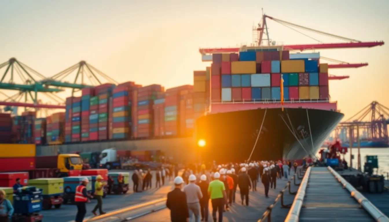 This captivating image depicts a vibrant container ship docked at a bustling port during golden hour. The warm light enhances the rich colors of the stacked containers while casting long shadows across the dock. The use of a slight tilt-shift effect pulls focus toward the busy dockworkers in the foreground, creating dynamic depth. The overall composition captures the energetic atmosphere of maritime commerce.