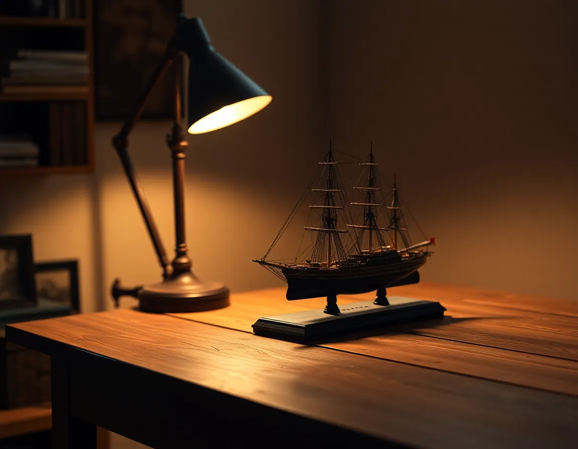 A beautifully detailed ship is moored at a rustic wooden dock during dusk, illuminated by a warm tungsten light. The ship's intricate features are the focus, while the gently blurred background creates a sense of depth. The warm color palette enhances the textures of the wooden dock, inviting viewers to appreciate the craftsmanship. The tranquil setting evokes feelings of serenity and calm.