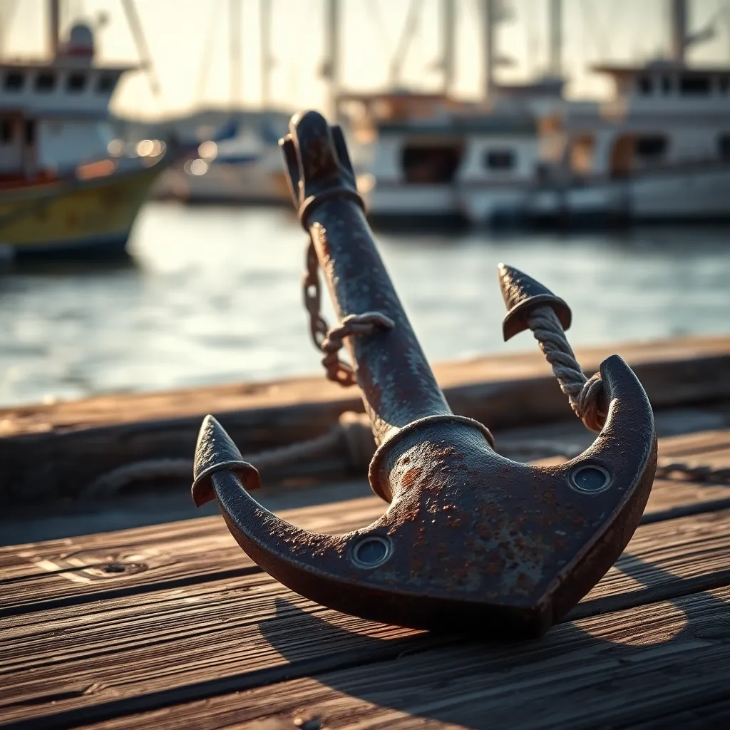 This hyper-detailed macro photograph features a ship's anchor resting on a weathered dock, showcasing the fine intricacies of rust and wood grain. The gentle evening light creates soft shadows that enhance the textures, inviting viewers to appreciate the beauty in maritime materials. The muted color palette of earthy browns and grays grounds the image in a sense of nostalgia. The close-up composition draws attention to the anchor's details, evoking a strong maritime connection.