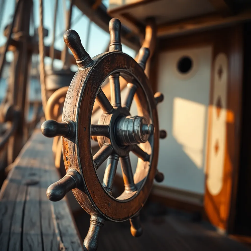 A stunning close-up of a ship's wheel on a rustic fishing boat reveals intricate details of its weathered wood and metallic components. Captured in warm, natural light, the textures are emphasized through skillful shadowing and highlighting. The shallow depth of field draws the viewer's attention directly to the wheel, with the blurred background creating a harmonious blend of soft tones. The color palette, rich in browns and silvers, evokes a sense of history and craftsmanship in this nautical setting.