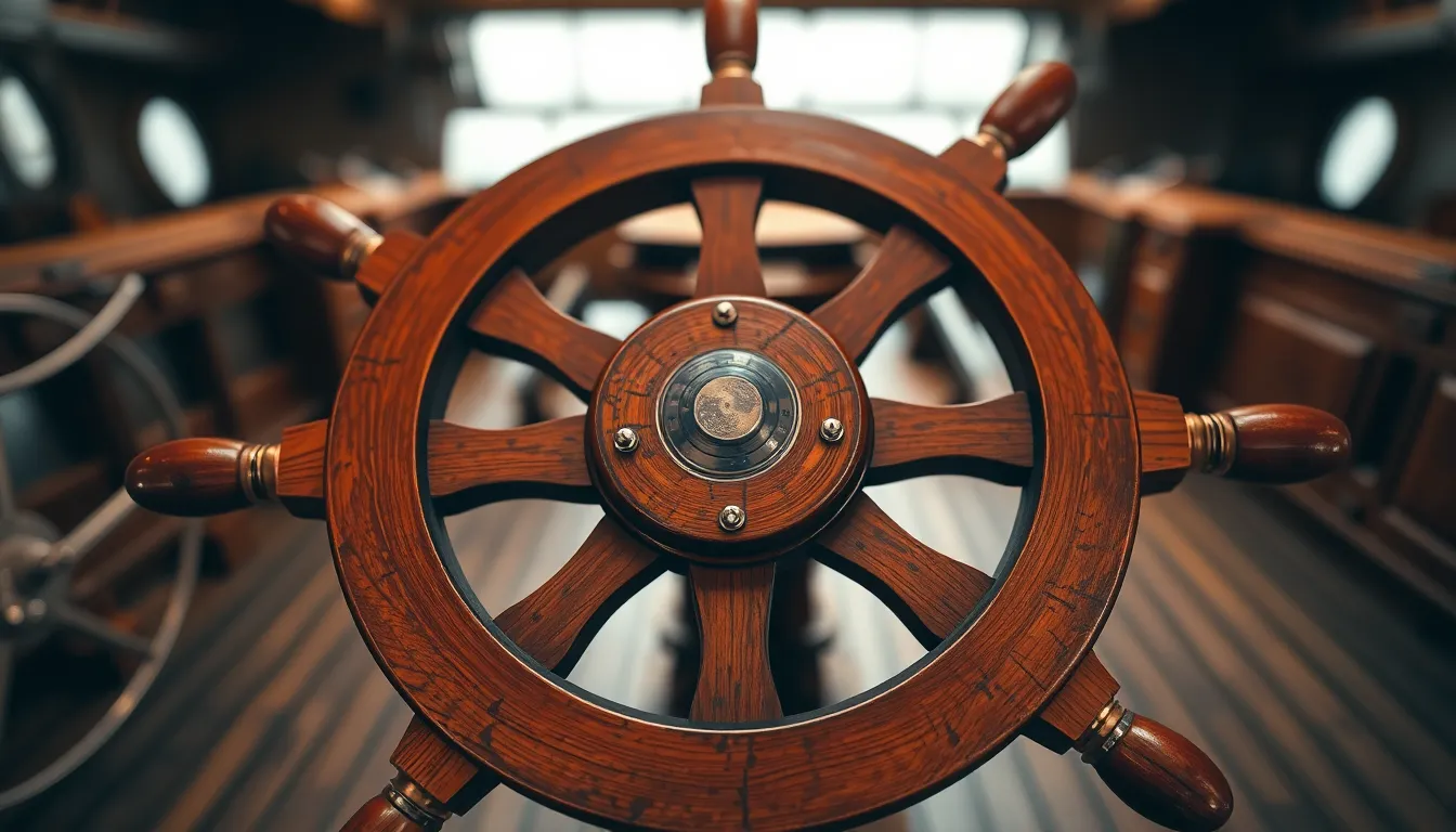 This detailed image brings to life the intricate craftsmanship of a ship's wheel, illuminated by warm tungsten light. The hyperfocal distance allows for a sharp focus on the wheel while gently blurring the ship's deck in the background, creating depth. The natural muted tones enhance the wood's grain and the brass fittings, inviting the viewer to appreciate the craftsmanship. The centered symmetrical composition emphasizes both the beauty and functionality of this nautical instrument.