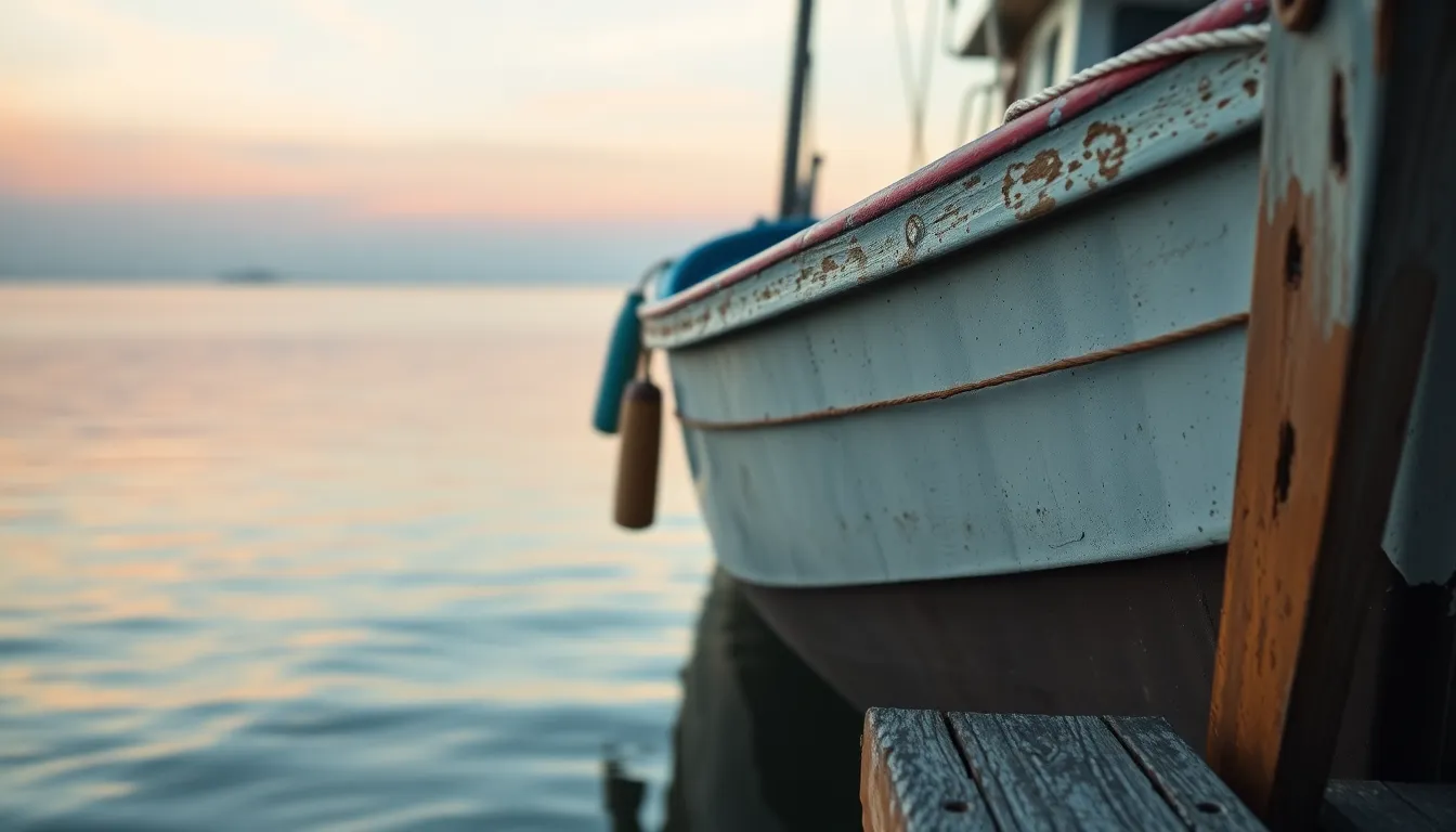 This intimate image captures a weathered fishing boat moored along a rustic pier during the serene hours of dawn. The soft pastel colors of the early morning sky create a calming atmosphere, reflected in the still waters. Focusing on the intricate textures of the boat reveals the stories etched in its peeling paint and taut ropes. The composition draws the viewer’s eye, inviting them to slow down and appreciate the beauty of everyday maritime life.