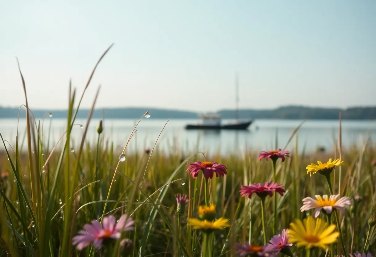 A serene fishing boat rests on the still surface of a calm lake, perfectly framed by vibrant wildflowers and morning dew on grass blades. Captured with hyperfocal distance, this image showcases a crisp foreground to infinity sharpness, highlighting the delicate details of nature. The natural muted tones provide a tranquil backdrop, perfect for evoking feelings of peace and reflection. This idyllic scene captures a moment of harmony between man and nature.