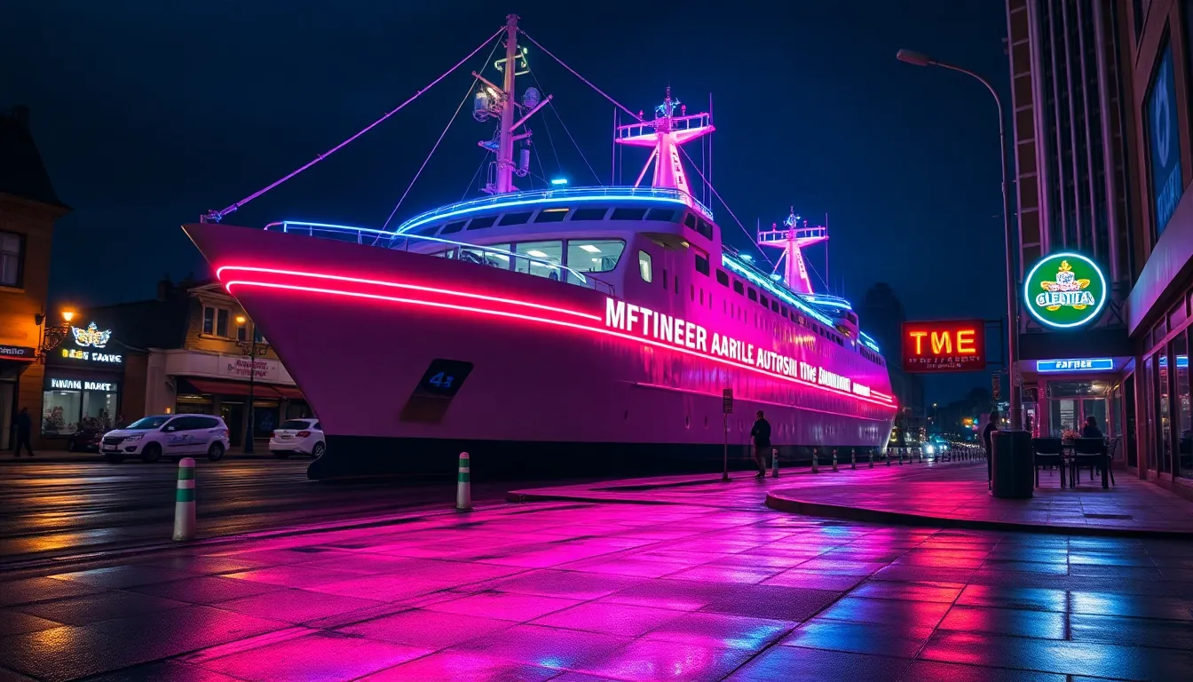 An urban ship illuminated by vibrant neon lights creates a striking visual in this nocturnal photography. The dynamic Dutch angle composition enhances the sense of movement, while wet pavement reflects the bold colors of the neon signage. Shot in vivid Fujifilm Velvia-style, the image captures deep blues and rich greens, conveying an exciting urban atmosphere. This photograph is a perfect blend of maritime and urban life.