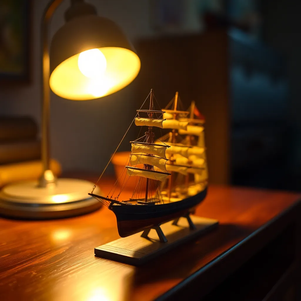 An intricately crafted model ship is elegantly showcased on a rich mahogany surface, illuminated by the warm light of a tungsten lamp. The deep blues and greens of the ship's finish pop in the saturated colors reminiscent of Fujifilm Velvia. The image is shot at a dynamic Dutch angle, creating a sense of movement that draws viewers in. With a soft focus background, the meticulous details of the ship's craftsmanship are highlighted, making it a perfect representation of maritime artistry.