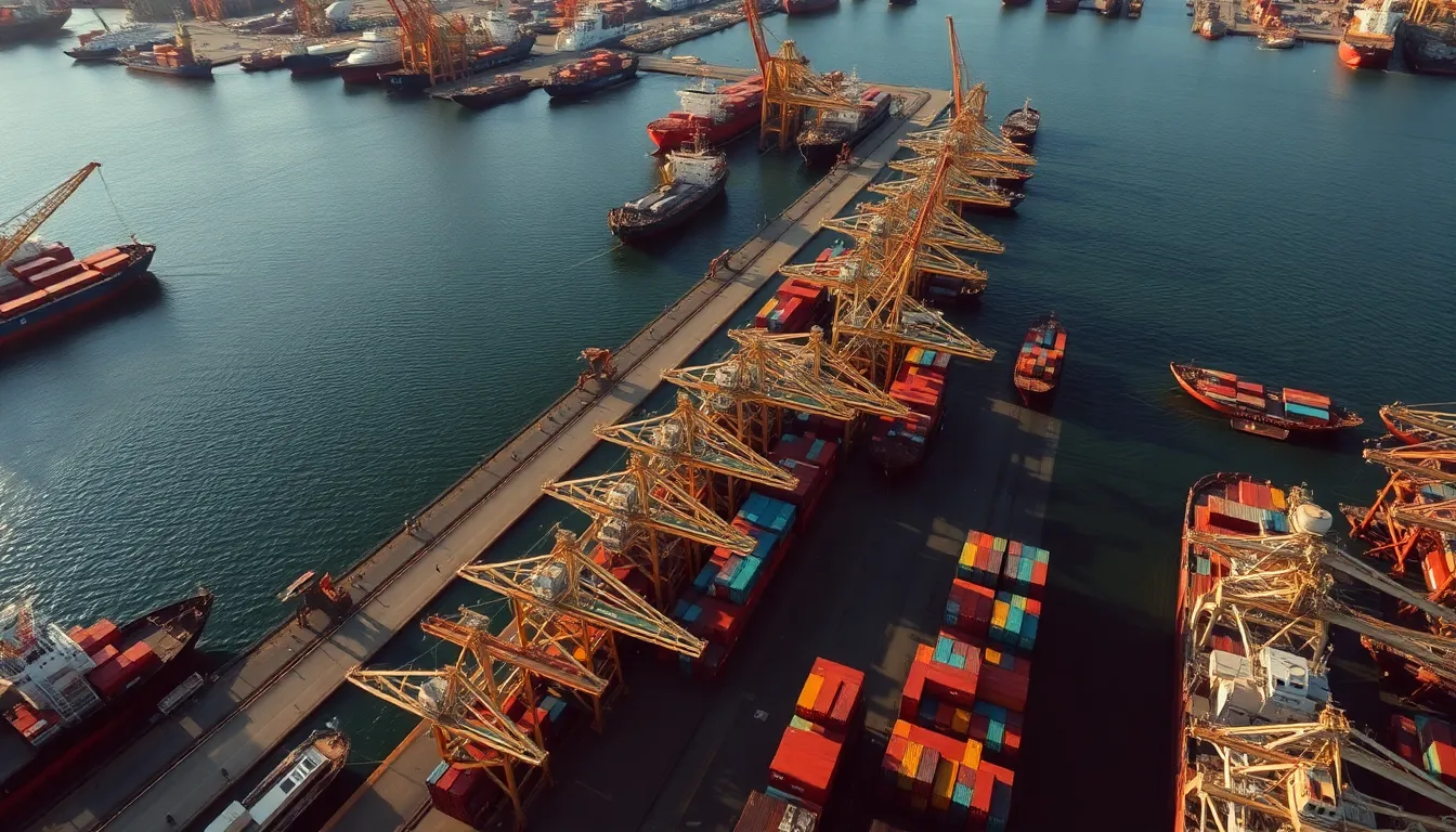 Aerial View of Busy Harbor
