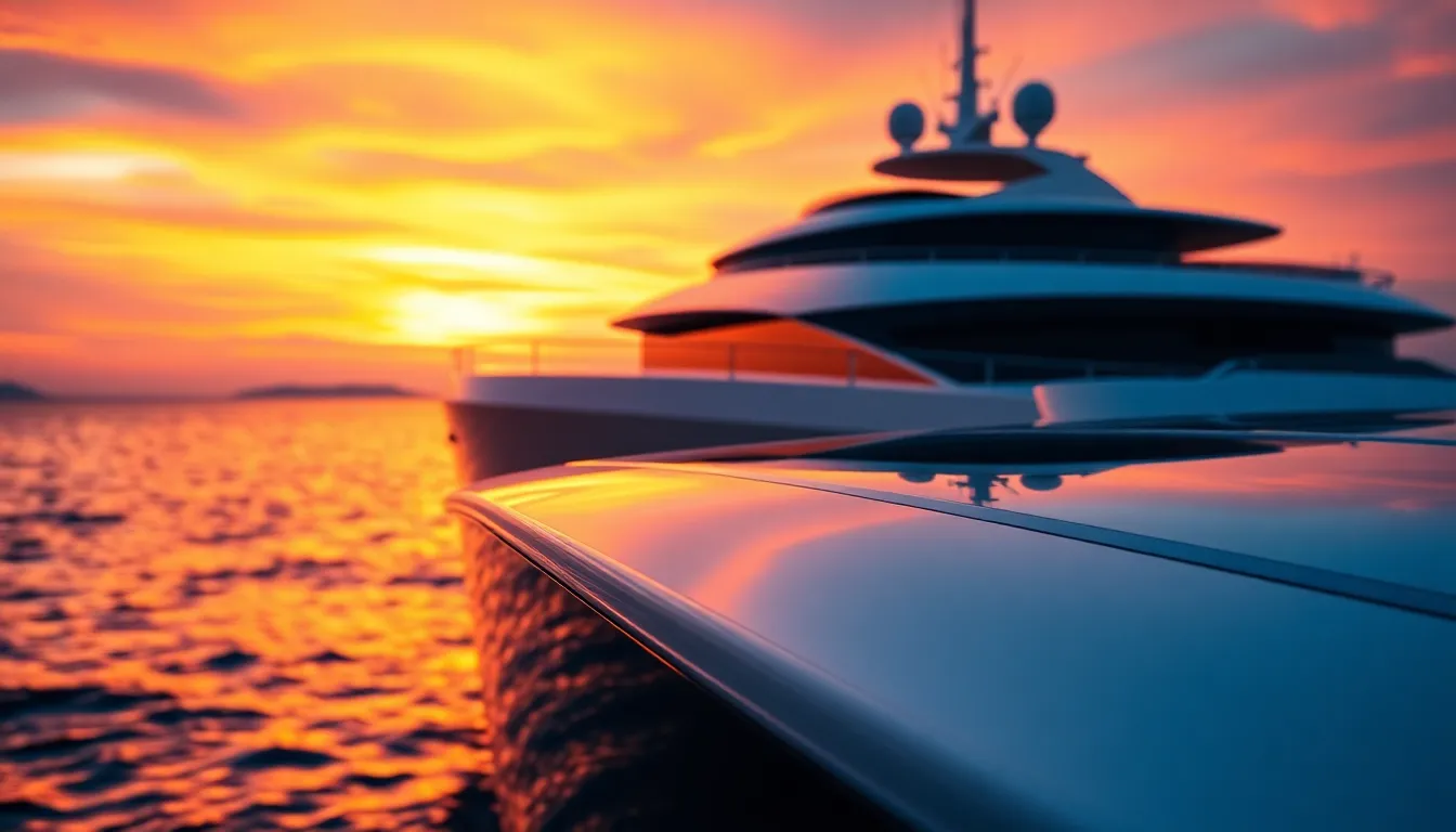 An exquisite yacht basks in the warm glow of a breathtaking sunset, anchored gracefully on the water. The sky is a vibrant canvas of orange, purple, and red, beautifully reflecting on the yacht’s polished surfaces. Captured with dramatic lighting, the scene highlights intricate details of the yacht's deck, while the background transitions into a dreamlike bokeh of sunset colors. The composition draws the eye with leading lines from the water, creating a striking visual that evokes luxury and tranquility.