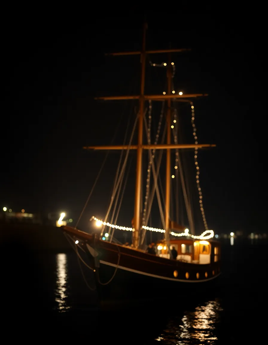 A majestic sailing ship is anchored in a cozy harbor, its sails illuminated by warm festive lights. The warm glow of the firelight casts flickering shadows, adding depth to the night scene. Selective focus emphasizes the intricate details of the sails while the background softly blurs into bokeh, creating an enchanting atmosphere. This image captures the serene beauty of the ship at night, making it perfect for celebrating maritime adventures under the stars.