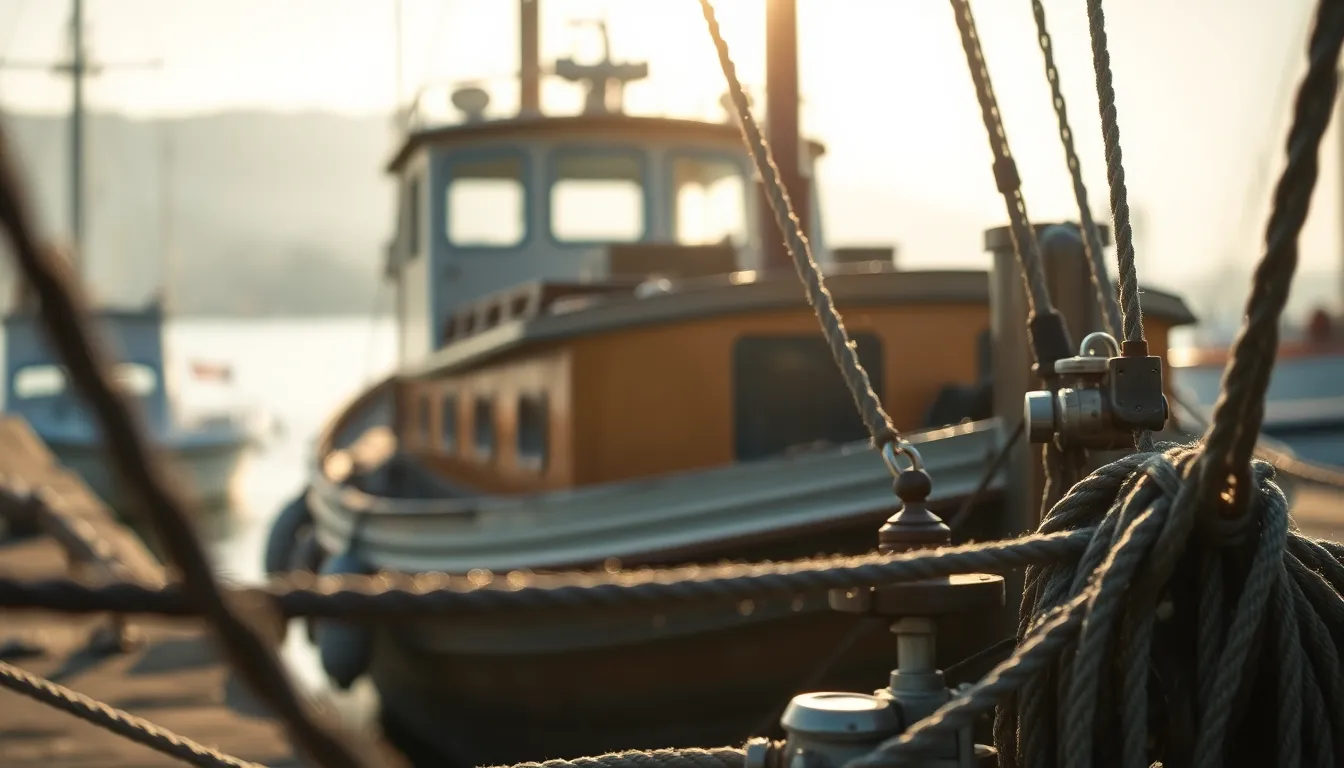 This stunning image captures a fishing boat docked at dawn, adorned with morning dew that sparkles in the soft, diffused daylight. The shallow depth of field beautifully emphasizes the intricate textures of the wood and metal elements of the boat. Foreground details, such as ropes and marine equipment, frame the composition, inviting the viewer closer into the scene. The overall mood is tranquil, reflecting the serene beauty of the early morning at the harbor.