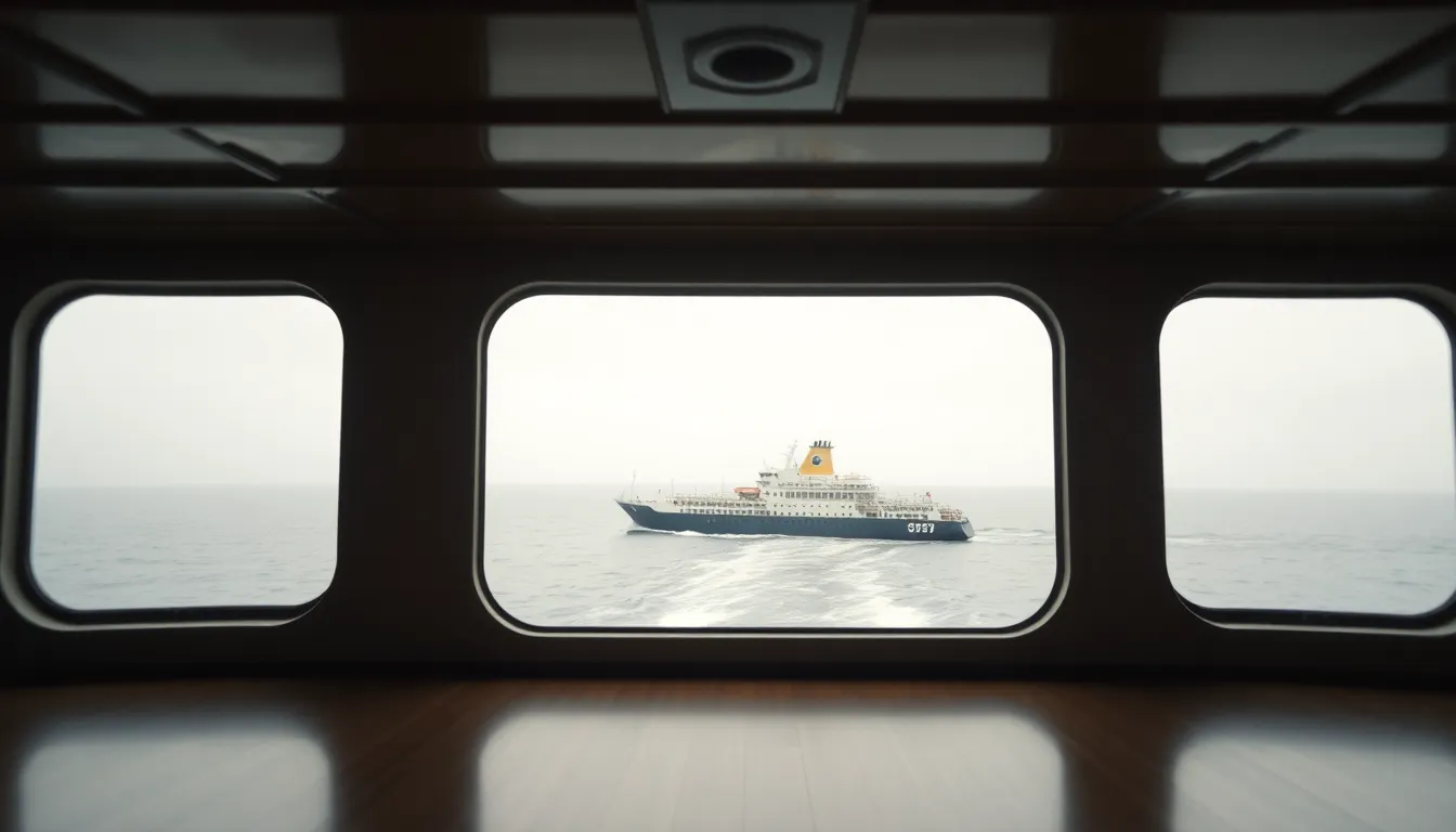 This striking image captures a ship in motion viewed through the window of a port. With soft, diffused daylight illuminating the scene, the muted colors convey a sense of calm yet dynamic movement. The shallow depth of field nicely isolates the ship while the horizon gently fades into a gray mist. This photograph beautifully encapsulates the essence of maritime adventure and the allure of sea travel.