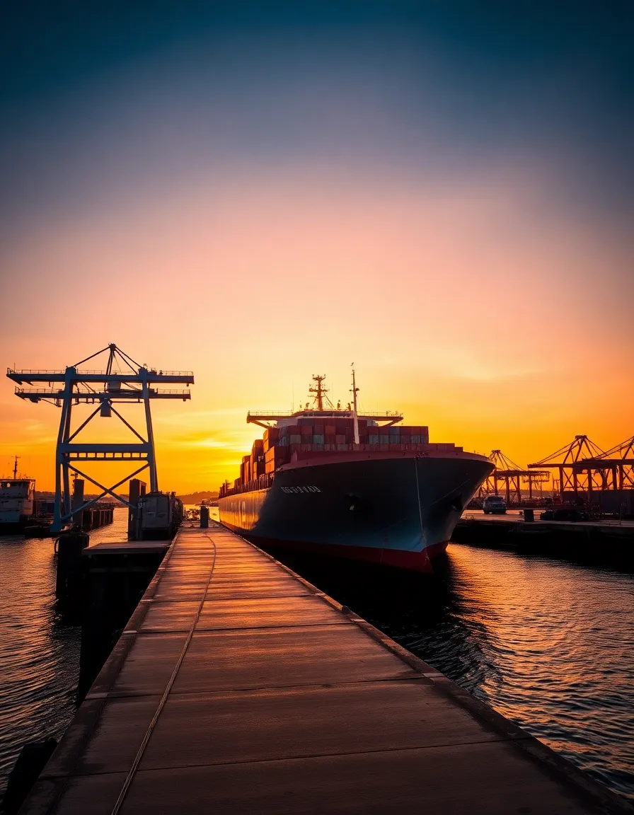 This striking image captures an industrial cargo ship docked at sunrise, embodying the power of maritime transportation. The soft, warm light enhances the ship’s metal structure while the vibrant sky creates a breathtaking backdrop. Leading lines from the dock naturally draw the viewer’s gaze towards the ship, providing a sense of scale and presence. The contrast between the textured metals and smooth water adds depth to the composition, perfect for themes of industry and transport.