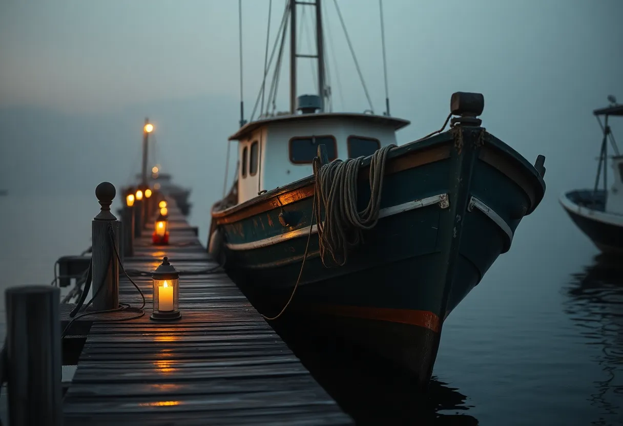 This evocative image captures a vintage fishing boat moored to an aged dock at dawn. Soft amber light from lanterns gently illuminates the scene, creating a serene and tranquil atmosphere. The rustic charm of the boat, with its peeling paint and fishing nets, stands out against the soft blues of the early morning light. The composition's symmetry draws the eye, inviting viewers to appreciate the charming details and the peaceful setting of this maritime moment.