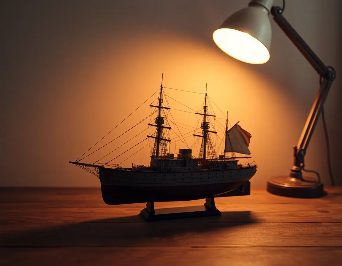 Intricate Model Ship on Wooden Table