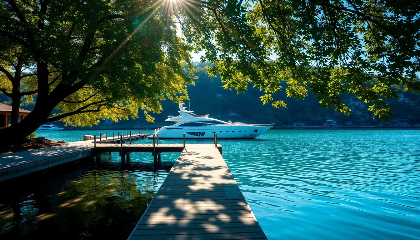 A luxurious yacht rests peacefully at a dock, surrounded by vibrant, lush greenery. The dappled sunlight creates enchanting bokeh effects, enhancing the beauty of the scene. Captured with a sharp focus from foreground to infinity, the image showcases the hull's glossy finish and the vibrant reflections on the water. Leading lines of the dock draw the viewer's eye toward the yacht, creating a sense of serenity and elegance in this picturesque setting.