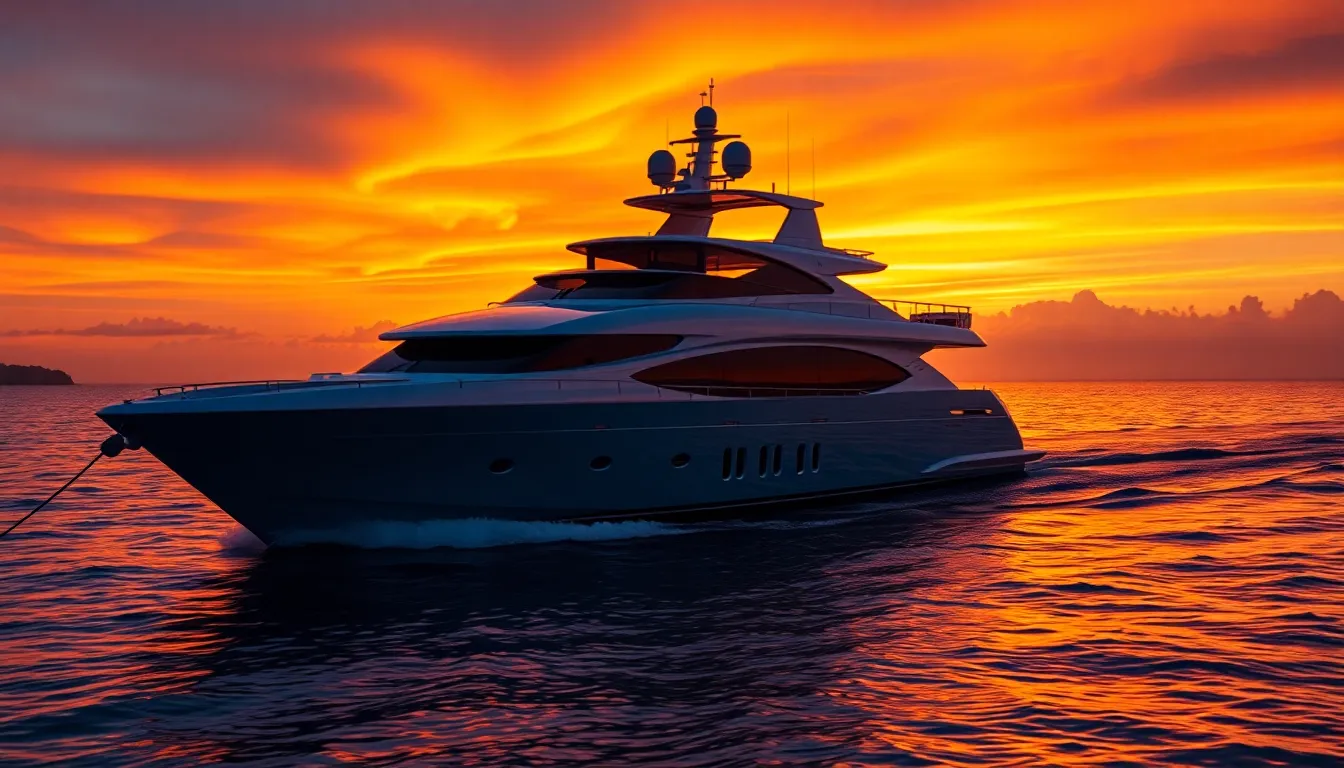 This breathtaking image features a luxury yacht sailing smoothly across the water during sunset, framed by a tapestry of vibrant orange and purple hues. The dramatic color grading captures the opulence and tranquility of the moment, while reflections in the water echo the yacht’s elegance. The shallow depth of field beautifully isolates the yacht, allowing it to stand out against the exquisite sunset backdrop. This scene invites viewers to dream of lavish escapes on the open sea.
