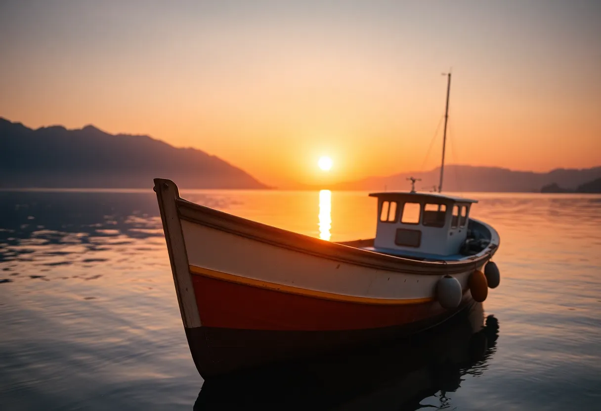 In this peaceful scene, a vintage fishing boat is gracefully docked in a serene bay during sunset. The warm backlighting casts a golden glow on the reflecting water, creating a tranquil atmosphere. The shallow depth of field emphasizes the boat's charming details while softly blurring the tranquil landscape behind it. The rich oranges and purples of the sunset provide a stunning backdrop, making this image a perfect encapsulation of peaceful maritime life.
