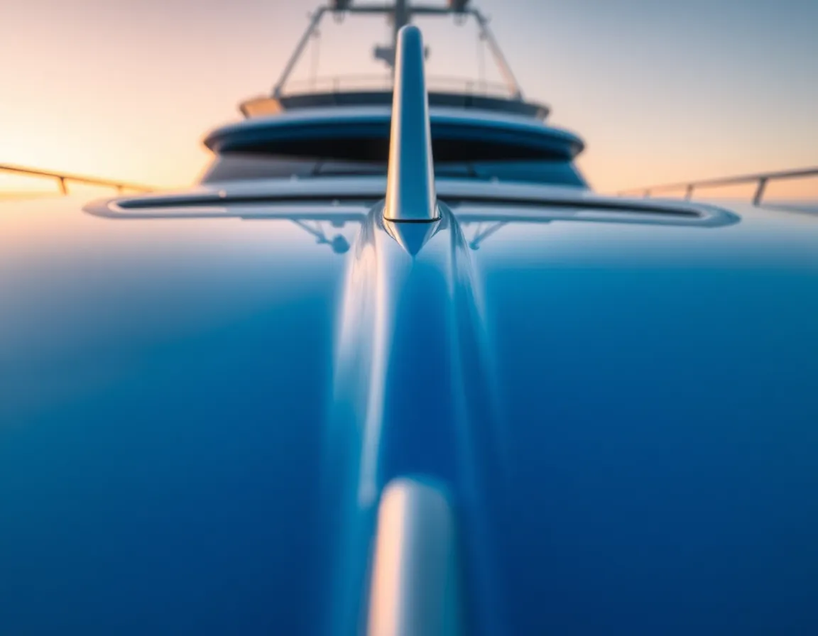 This stunning close-up image captures the intricate details of a luxurious yacht anchored in a serene bay at sunrise. The soft morning light creates a harmonious palette of blues and pastels, illuminating the sleek surface and gentle ripples of water. The macro lens reveals the polished textures of fiberglass and chrome, emphasizing the yacht's elegance. The centered symmetry of the composition enhances the tranquil atmosphere of the surrounding nature.