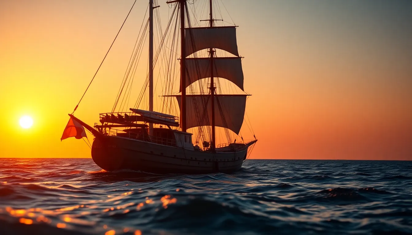 Majestic Tall Ship Sailing at Sunset