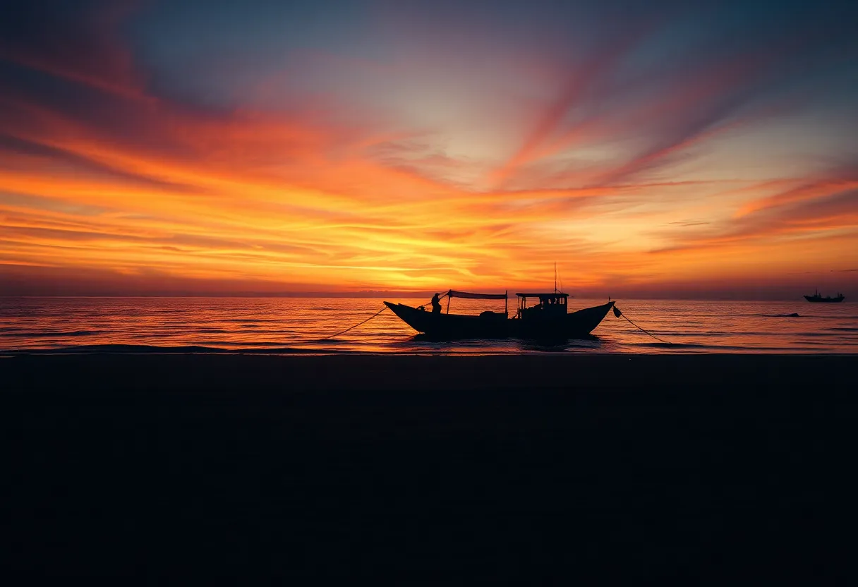 This dramatic image captures a traditional fishing boat silhouetted against a vibrant sunset as it returns to shore at dusk. The warm oranges and purples of the sky reflect off the water, providing a striking contrast with the dark silhouette of the boat. A hyperfocal distance ensures clarity from the sandy beach in the foreground to the horizon. The composition uses leading lines to draw the viewer's eye toward the boat's poignant journey home.
