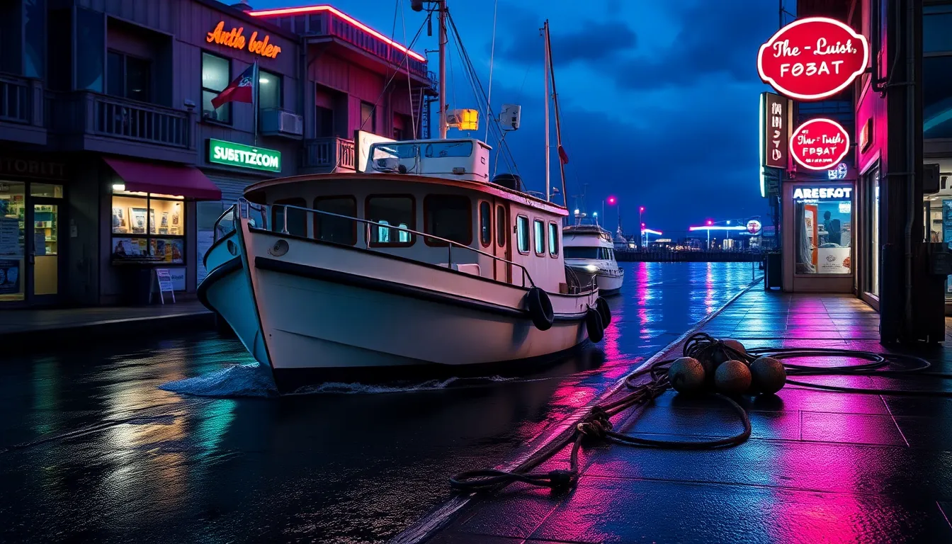 Fishing Boat at Twilight in Vibrant Harbor