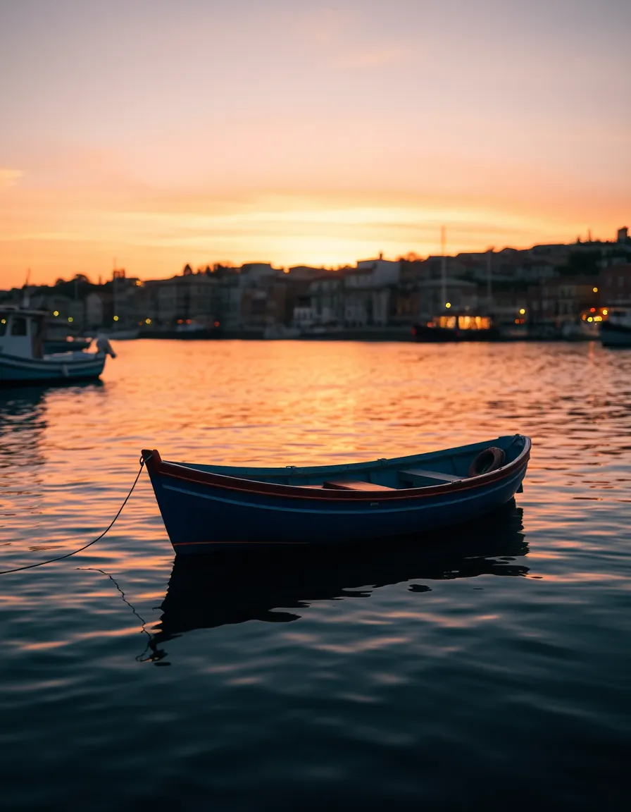Fishing Boat in Picturesque Harbor at Sunrise