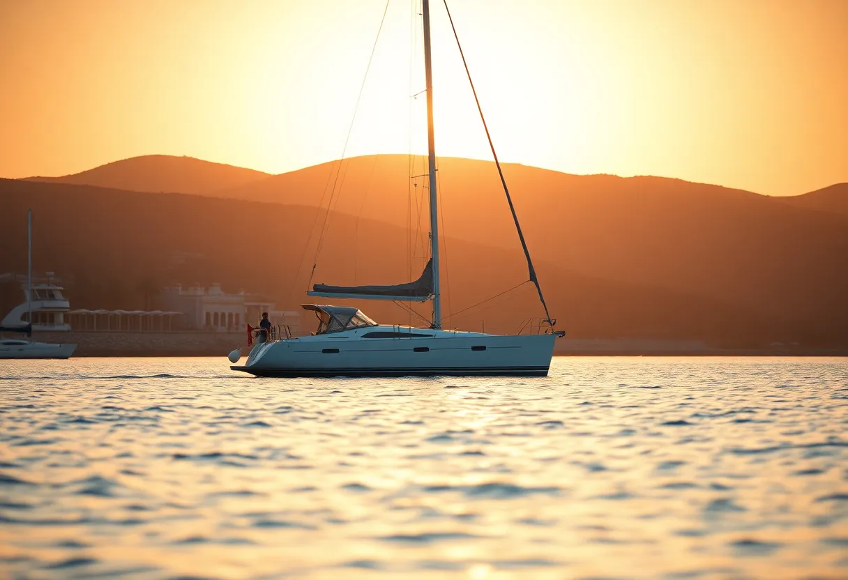 A serene sailing yacht is moored in a calm bay during golden hour, surrounded by gently swaying palm trees and soft hills in the background. The warm sunlight creates a shimmering reflection on the water, encapsulating a tranquil moment. The image's shallow depth of field lends a dreamy quality, while the warm color palette enhances the inviting atmosphere. The composition draws the viewer's eye to the yacht with natural leading lines from the shoreline.