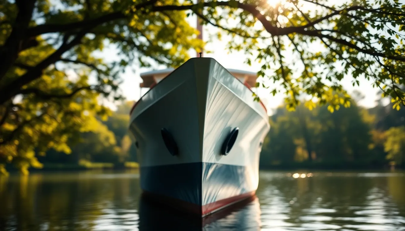 This serene image captures a ship gracefully docked amidst lush greenery, bathed in gentle dappled sunlight. The warm tones enhance the tranquil atmosphere, while the ship's bow is in sharp focus against a dreamy backdrop of soft bokeh. Reflective water surfaces mirror the vibrant greens of the surrounding trees, creating a harmonious scene. This composition emphasizes natural beauty, perfect for travel and nature enthusiasts.