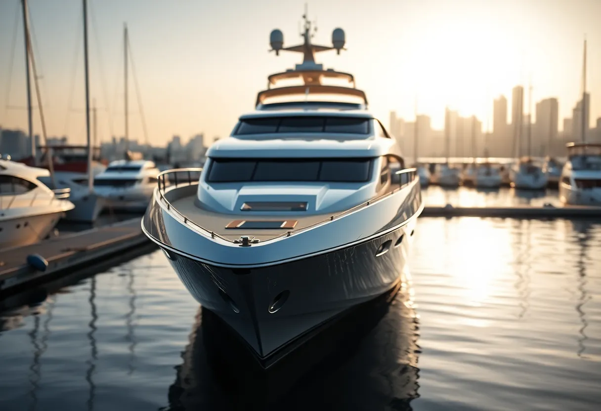 This image presents a luxurious yacht docked peacefully in a marina, captured in the soft morning light. The polished surfaces of the yacht reflect the tranquil waters, while the gentle background blur adds depth to the setting. The muted tones of the scene evoke a calm and serene feeling, perfect for a sophisticated lifestyle imagery. The centered composition emphasizes the yacht's modern design amidst its surroundings.