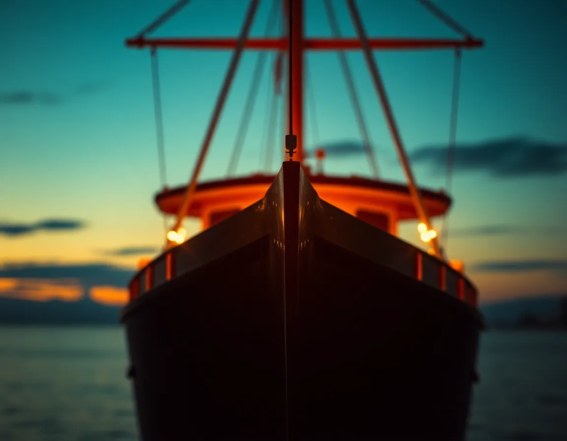 A captivating ship sits anchored as twilight descends, illuminated by the warm flicker of firelight. The focus on the ship’s bow contrasts beautifully with the softly blurred background, creating an ethereal atmosphere. Cinematic color grading enriches the scene, while the intricate textures of the ship's materials are accentuated by the warm glow. This image encapsulates a moment of quiet solitude and reflection at sea.