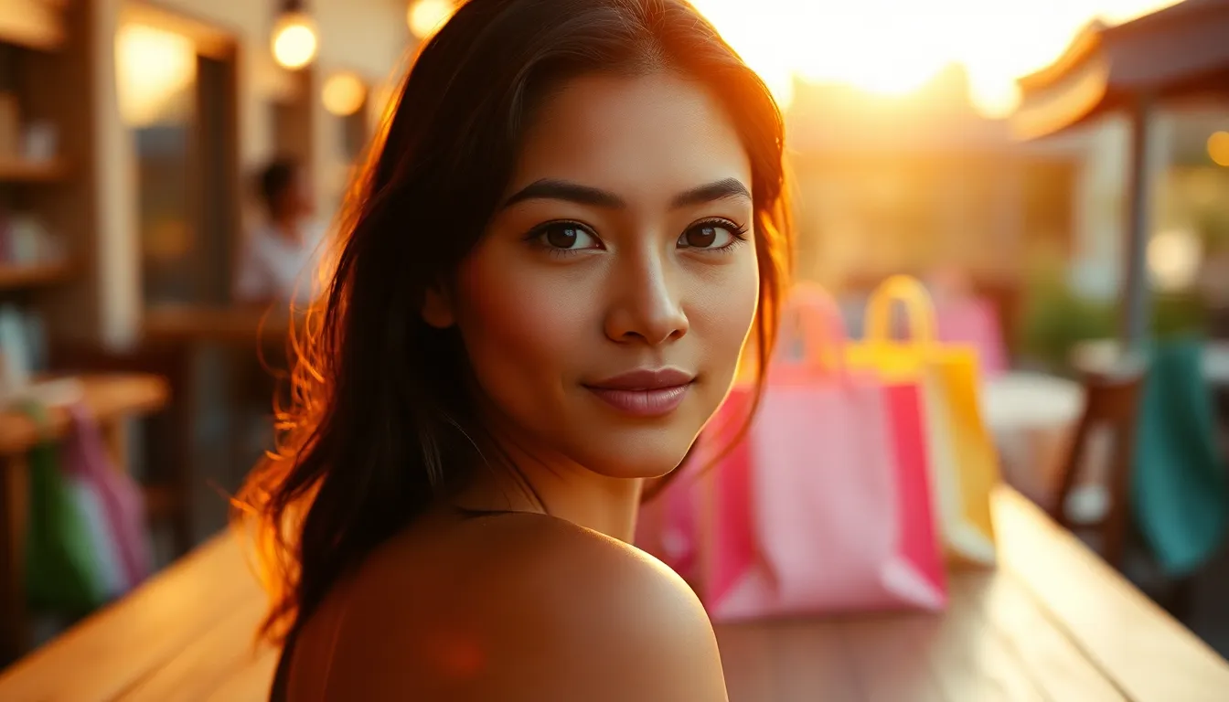 This image captures a lively outdoor market scene during golden hour, showcasing a colorful stall filled with fresh fruits and flowers. The warm backlighting creates a soft, inviting atmosphere, enhancing the vibrant colors of the produce. Positioned strategically to the left, the vendor smiles warmly at the camera, dressed in a casual linen shirt, while the rich textures of the wooden stall contrast beautifully with the bright colors of the market. The composition draws the viewer's eye through the image's depth and warmth.