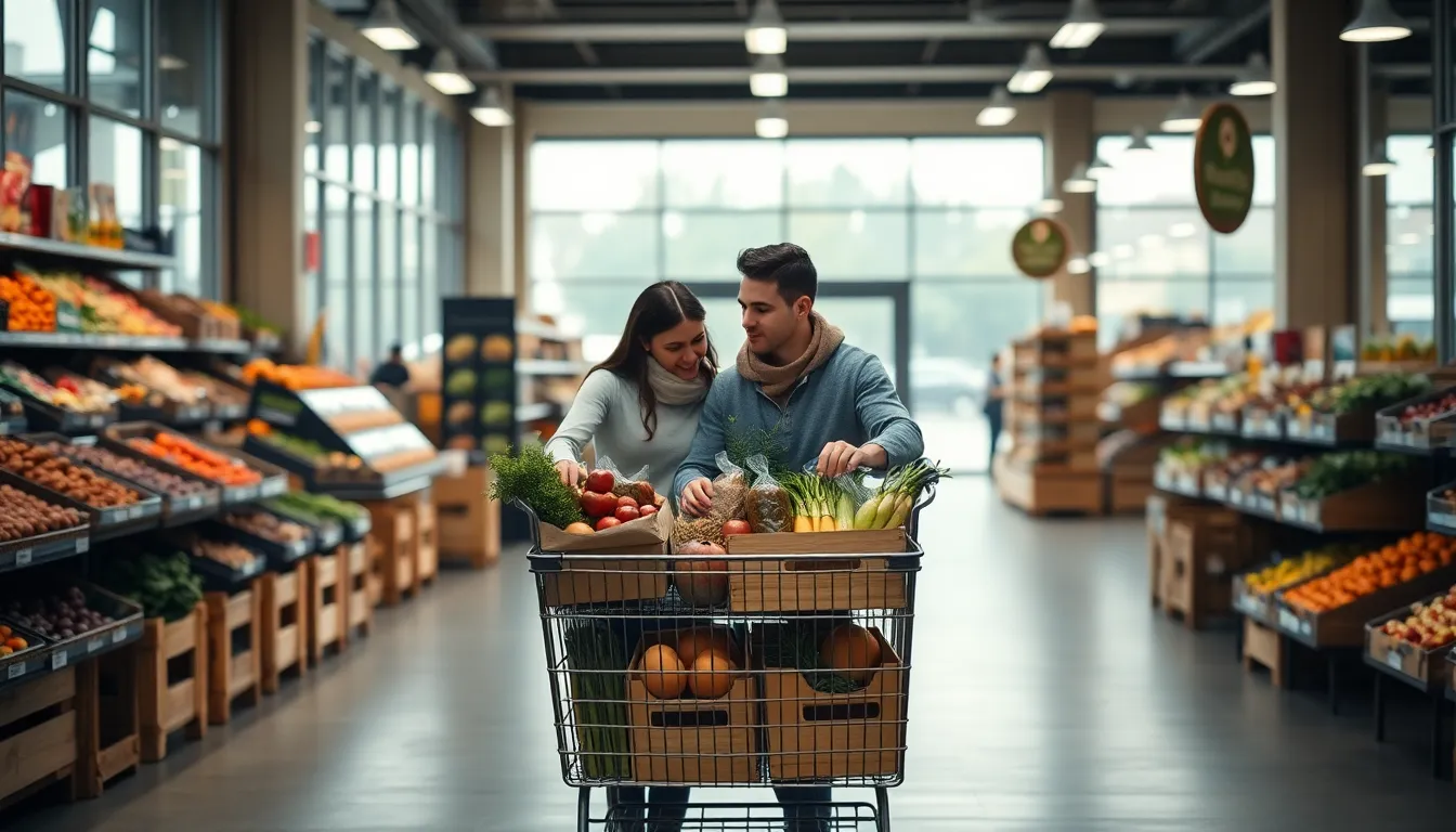 An inviting scene of a couple happily shopping for groceries in a contemporary market filled with fresh produce. The overcast daylight filtering through the large windows casts a soft glow, highlighting the vibrant colors of the fruits and vegetables displayed in rustic wooden crates. The hyperfocal depth of field ensures clarity throughout the scene, while the centered composition creates a sense of balance. Natural muted tones add a warm, welcoming atmosphere, making viewers feel at ease.