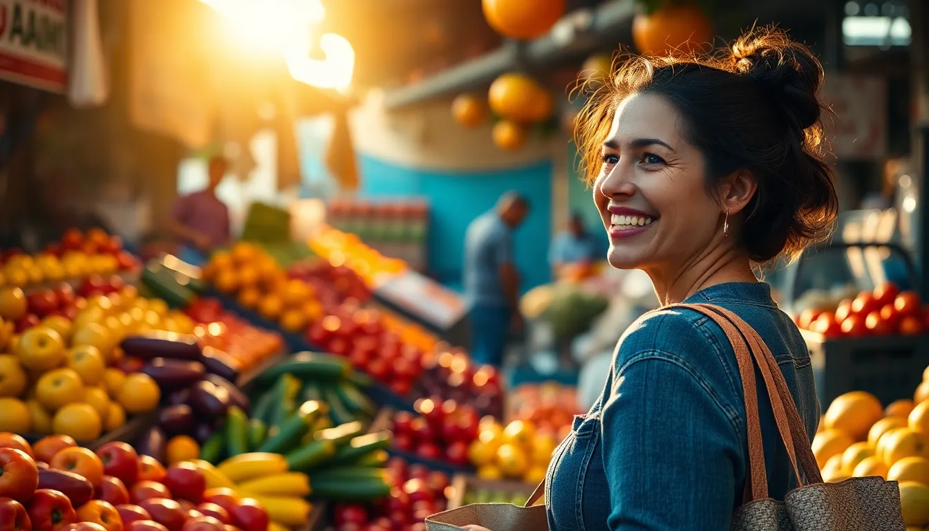 A cheerful shopper explores a lively outdoor market during golden hour, surrounded by an array of colorful fruits and vegetables. The warm lighting enhances the inviting atmosphere, and the shopper's expression evokes pure joy. The carefully framed composition places the shopper amidst a vibrant background, creating a lively and engaging scene. Rich warm tones and textures invite viewers into the bustling market experience.