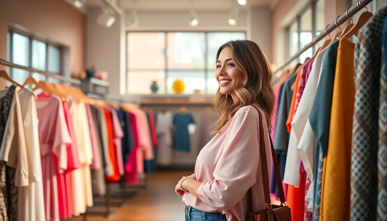 A fashionable young woman is captured shopping in a chic boutique, surrounded by beautifully arranged clothing. The soft daylight filtering through the windows creates a warm ambiance. She is dressed in trendy attire, exuding confidence and style. The pastel color palette enhances the lively mood, while rich textures of the fabric and wooden floors add depth.