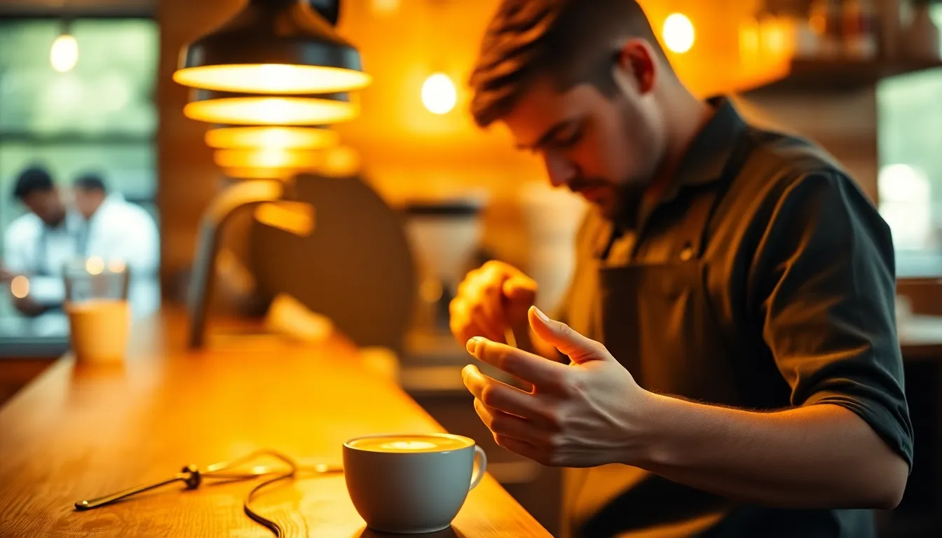 Inside a charming cafe, a skilled barista crafts a beautiful latte with intricate foam art. The warm glow from a tungsten desk lamp fills the scene, creating a cozy ambiance that invites passersby to relax. The dynamic angle captures the barista's focused expression as she perfects her craft, accentuating the textures of the creamy latte and rustic wooden counter.