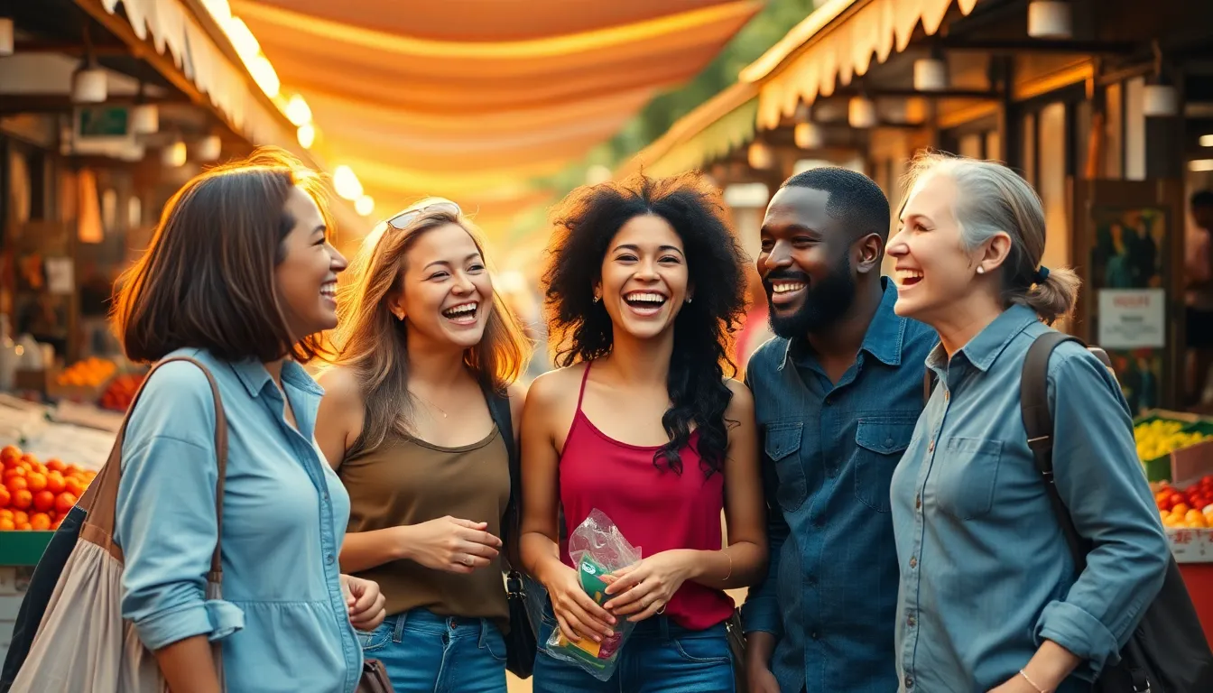 A lively outdoor market scene captures a diverse group of friends enjoying their shopping experience together. Bathed in warm golden hour light, their laughter and engagement create a joyful atmosphere. The focus on the friends over a blurred backdrop enhances their connection. The warm color palette complements the inviting ambiance of the market.